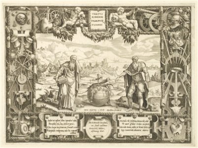 Links staat Democritus, de lachende filosoof. Hij wijst naar een wereldbol. In zijn hand een boek. Aan de andere kant van de wereldbol Heraclitus, de huilende filosoof. Ook hij heeft een boe, NL-HlmNHA 53007804