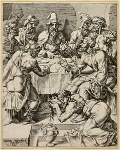 Maria Magdalena wast de voeten van Christus (Lucas 737-50). NL-HlmNHA 1477 53008632