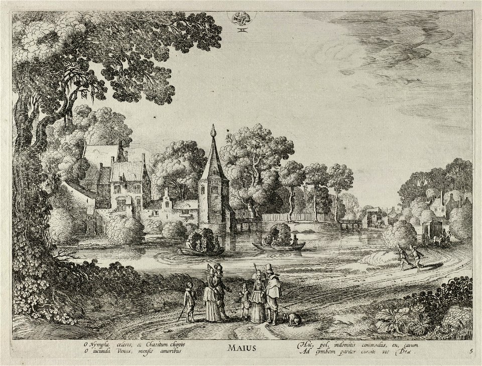 Mei (Maius). Landschap met een elegant gezelschap op een landweg voor een versterkt huis bij een meer de Beervout Hostede bij Leiden, voorstellende de maand mei. Bovenaan het bij deze maand, NL-HlmNHA 53012338