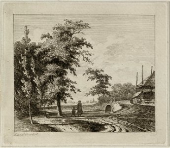 Moeder en kind op een landweg bij een hooiberg en een bruggetje met twee vissers. In de verte de contouren van een stad, NL-HlmNHA 1477 53011090