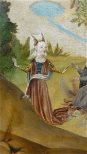 Meister der Heiligen Sippe der Ältere — Legende des heiligen Eremiten Antonius (detail woman left at a fireplace)