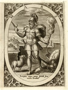 Mars, staand in een ovaal. Achter hem in een landschap een kasteel en op de grond een wapenuitrusting en zijn tekens uit de dierenriem, een ram en een schorpioen. In de hoeken rolwerk orname, NL-HlmNHA 1477 53008334