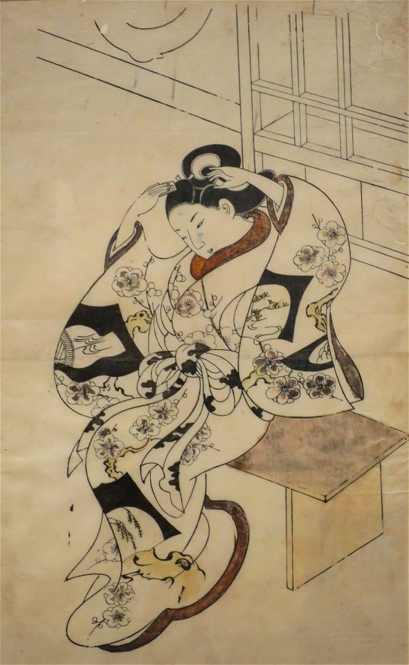 Courtesan Seated on a Bench Fixing her Hair by Okumura Masanobu, c. 1745