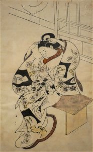 Courtesan Seated on a Bench Fixing her Hair by Okumura Masanobu, c. 1745