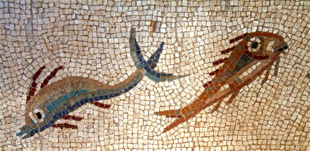 Mosaic amb representació de peixos1. Free illustration for personal and commercial use.