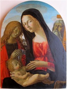 Neroccio di bartolomeo landi, madonna col bambino e i santi g. battista e andrea. Free illustration for personal and commercial use.
