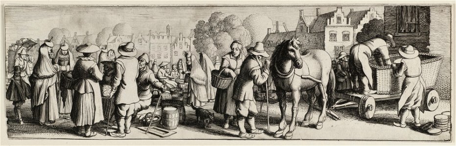 Markttafereel met paard en wagen waarop een mand, die wordt uitgeladen door twee mannen. NL-HlmNHA 53012556