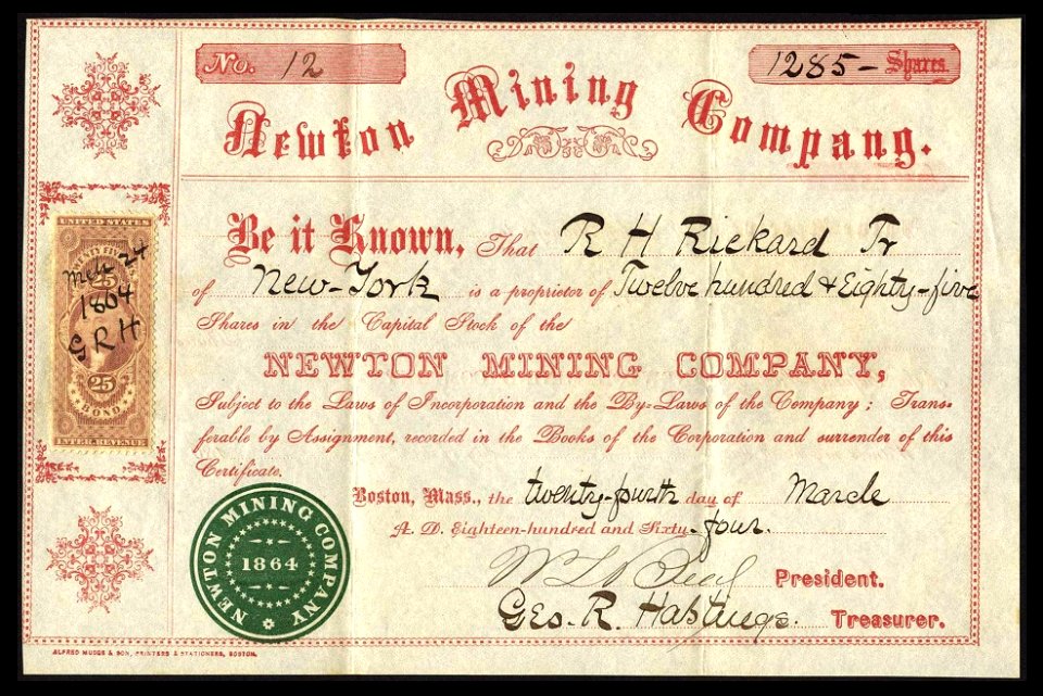 Newton Mining Co stock 1864