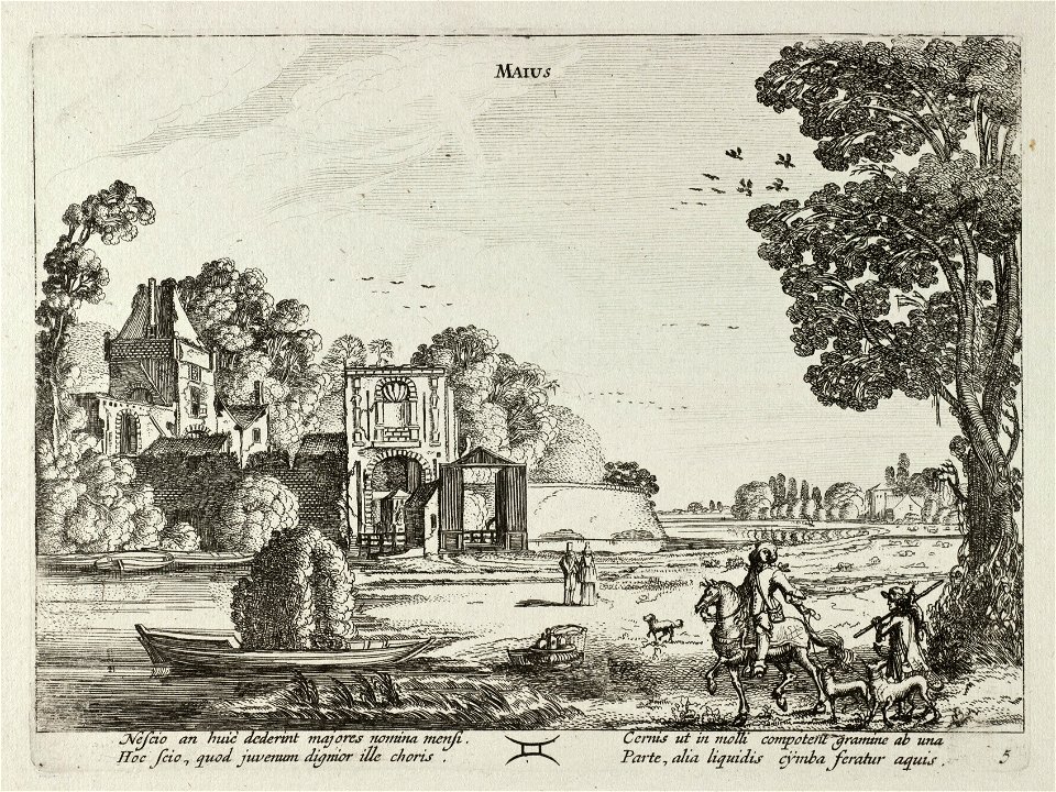 Mei (Maius). Gezicht op de Zijlpoort in Haarlem, waarvoor op een meer een plezierboot is aangemeerd, voorstellende de maand mei. Rechts op de voorgrond een elegant geklede ruiter met twee ho, NL-HlmNHA 53012362