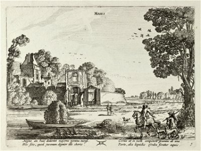 Mei (Maius). Gezicht op de Zijlpoort in Haarlem, waarvoor op een meer een plezierboot is aangemeerd, voorstellende de maand mei. Rechts op de voorgrond een elegant geklede ruiter met twee ho, NL-HlmNHA 53012362