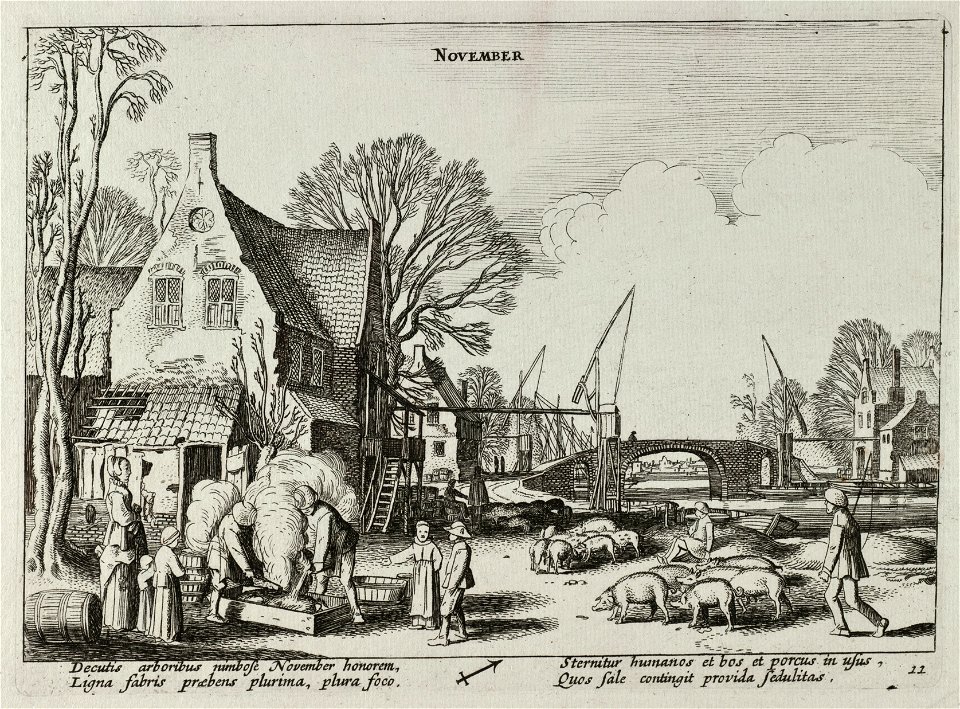November (November). Een dorpsgezicht met varkenshoeders en links twee figuren die een dood varken wassen, voorstellende de maand november. In het midden een stenen brug. Onderaan het astrol, NL-HlmNHA 53012368