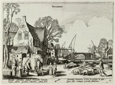 November (November). Een dorpsgezicht met varkenshoeders en links twee figuren die een dood varken wassen, voorstellende de maand november. In het midden een stenen brug. Onderaan het astrol, NL-HlmNHA 53012368