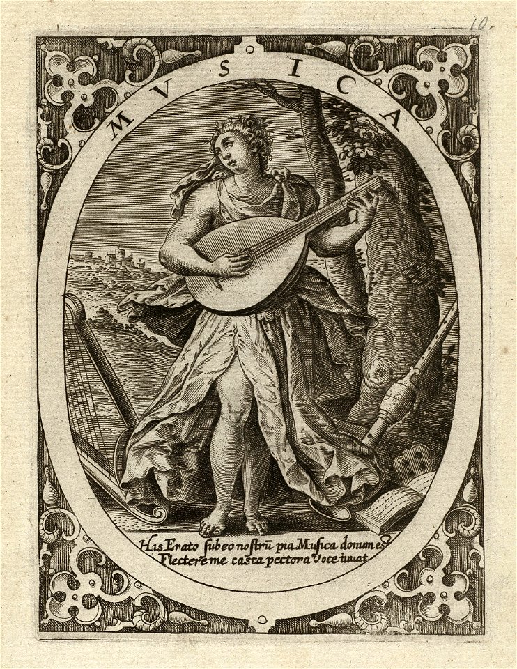 Musica, de muziek of harmonieleer een vrouw staand in een landschap, spelend op een luit bij een boom, in een ovaal. Om haar heen andere muziekinstrumenten en bladmuziek. In de hoeken rolwe, NL-HlmNHA 1477 53008340