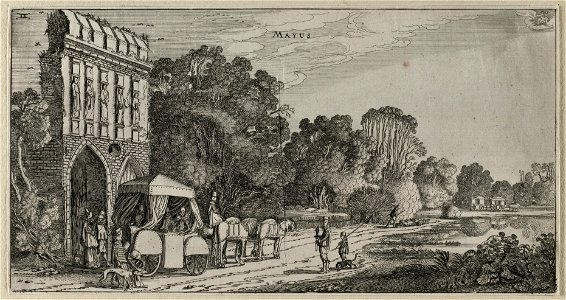 Mei (Mayus). Een landschap met een elegant gezelschap bij een stilstaand, met vier paarden ingespannen, rijtuig, voorstellende de maand mei. Het rijtuig staat bij een ruïne met boven de poor, NL-HlmNHA 53012350