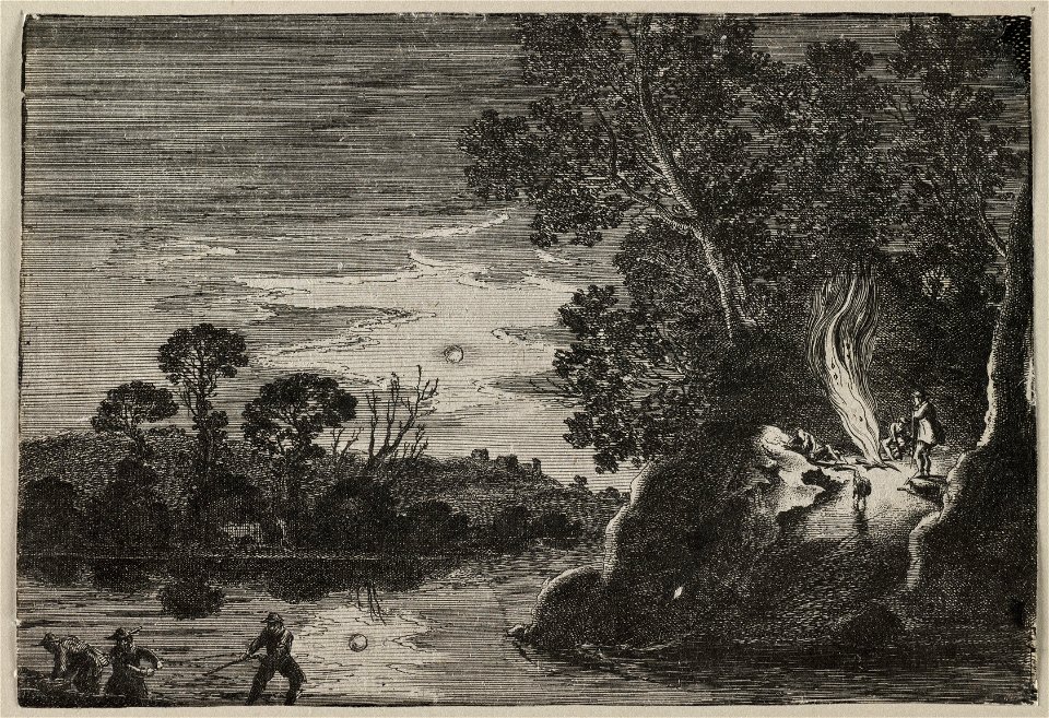 Nachtelijke scene met drie vissers in een rivier en figuren rond een vuur in de openlucht op een heuvel. NL-HlmNHA 53012539