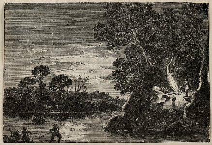 Nachtelijke scene met drie vissers in een rivier en figuren rond een vuur in de openlucht op een heuvel. NL-HlmNHA 53012539