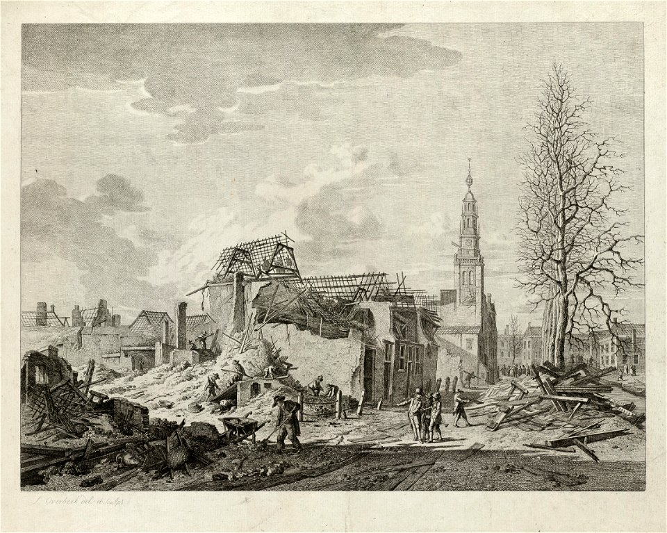 Opruimwerkzaamheden bij de verwoeste gebouwen aan de noordzijde van het Steenschuur te Leiden na de buskruitramp op 12 januari 1807, middenrechts de Saaihal. NL-HlmNHA 1477 53011085