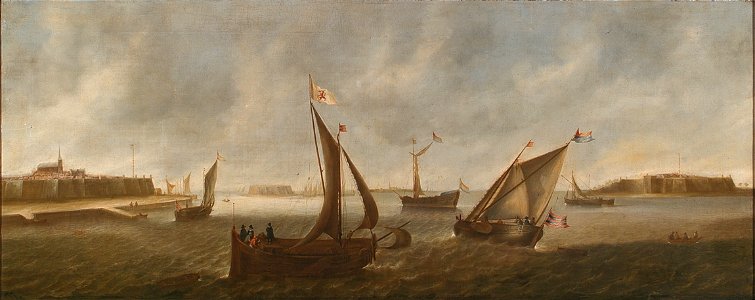 Nicolaes Kemp - view of a walled city with ships at sail FHM OS-I-233. Free illustration for personal and commercial use.