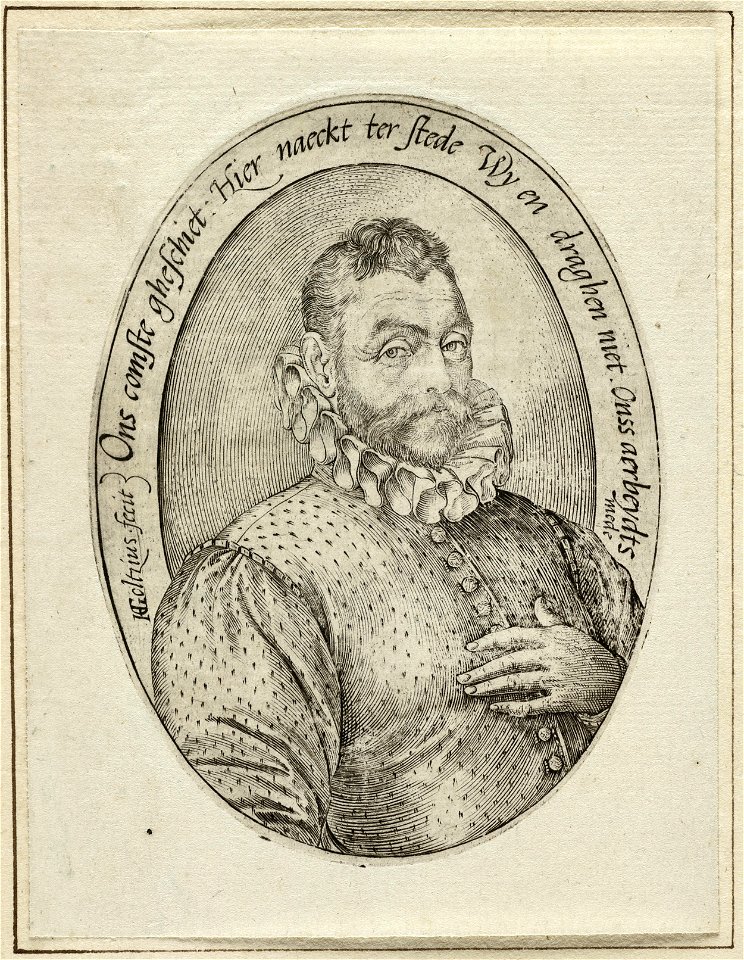 Ovaal portret ten halven lijve van een onbekende man, de linkerhand op de borst, met geplooide kraag zijn wambuis op de borst toegeknoopt. Om de voorstelling randschrift in het Nederlands. NL-HlmNHA 1477 53008527