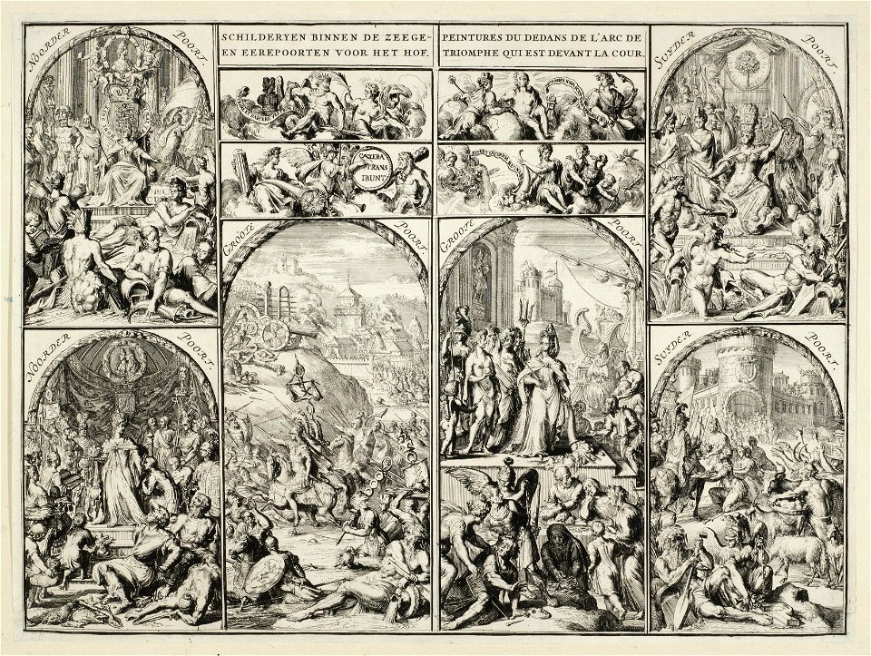 Overzicht van zes grote en vier kleine schilderijen op de triomfbogen opgesteld voor het Buitenhof, 5 februari 1691. NL-HlmNHA 53009144