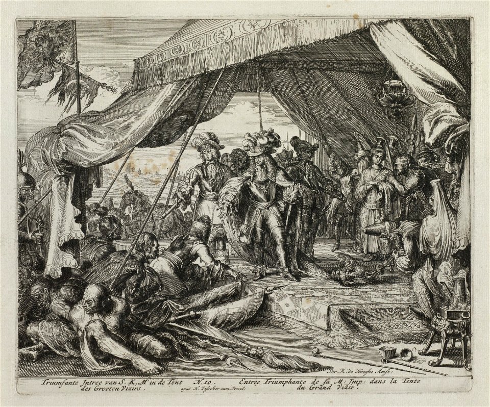 Overwonnen Turken knielen voor Leopold II, die de legertent van Kara Musataf heeft ingenomen. NL-HlmNHA 53009095