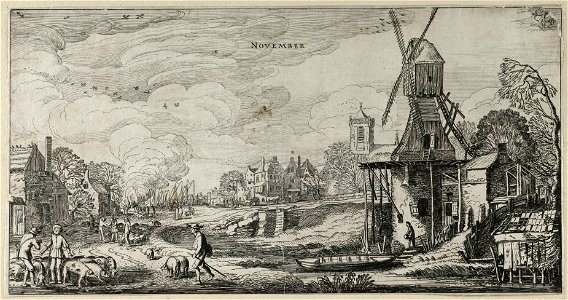 November (November). Een landschap met een molen en links varkenshoeders op een landweg, voorstellende de maand november. Op de achtergrond een open vuur en een dorp met een haven. Links- en, NL-HlmNHA 53012356