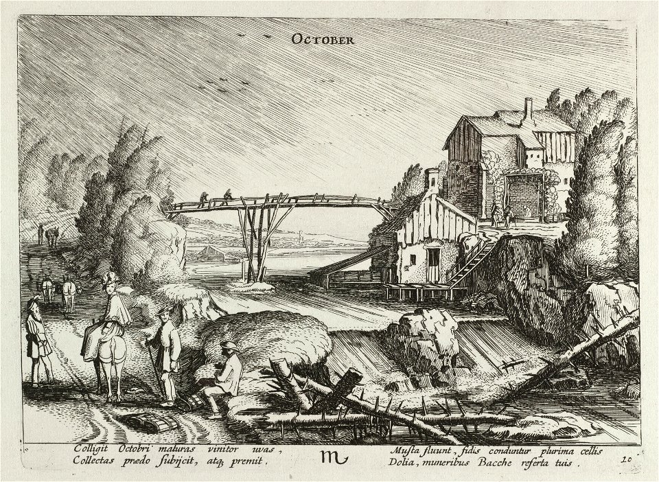 Oktober (October). Een rivierlandschap met figuren op een landweg in de regen, voorstellende de maand oktober. In het midden een houten brug. Rechts een huis met een man in een wijnkuip. Ond, NL-HlmNHA 53012367