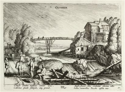 Oktober (October). Een rivierlandschap met figuren op een landweg in de regen, voorstellende de maand oktober. In het midden een houten brug. Rechts een huis met een man in een wijnkuip. Ond, NL-HlmNHA 53012367