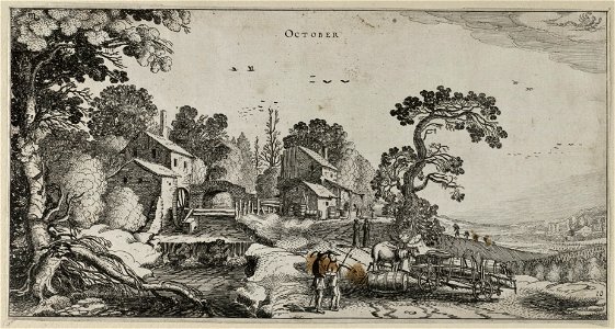 Oktober (October). Een landschap met een watermolen en links boeren met vaten, voorstellende de maand oktober. Rechts een wijngaard op een heuvel. Links- en rechtsboven de bij deze maand beh, NL-HlmNHA 53012355
