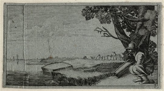 Poepende man, een kakkertjebij een boom in een rivierlandschap, NL-HlmNHA 53012374
