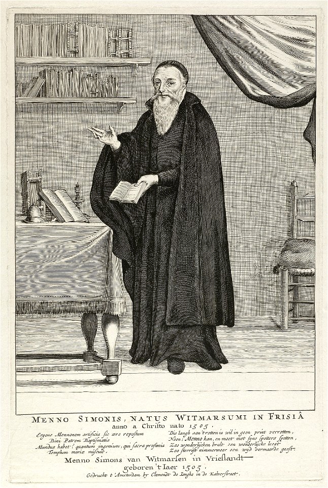 Portret ten voeten uit van Menno Simons, in het interieur van een studeerkamer. NL-HlmNHA 1477 53008667