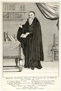 Portret ten voeten uit van Menno Simons, in het interieur van een studeerkamer. NL-HlmNHA 1477 53008667
