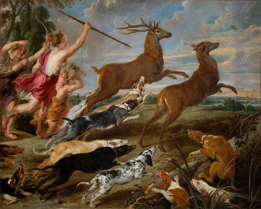 Peter Paul Rubens, Paul de Vos, Jan Wildens - Diana and Nymphs hunting deer. Free illustration for personal and commercial use.