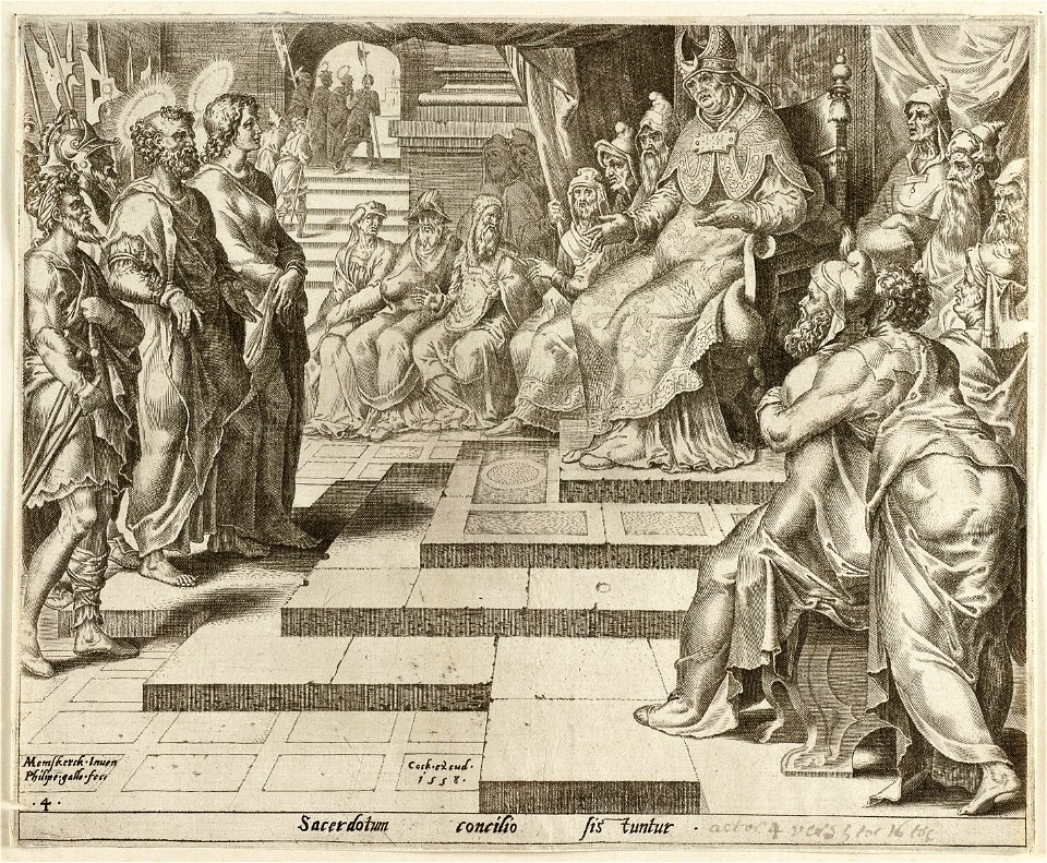Petrus en Johannes voor de hogepriester Handelingen 45-14. NL-HlmNHA 1477 53008103