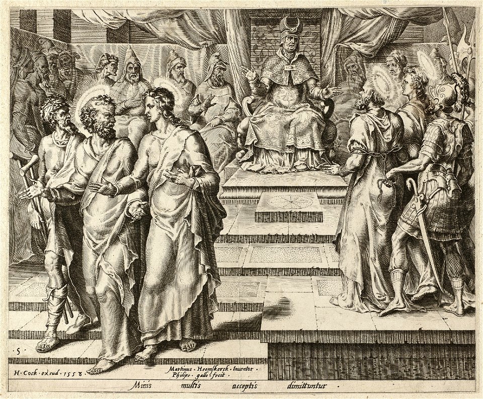 Petrus en Johannes worden vrijgelaten Handelingen 418-21. NL-HlmNHA 1477 53008059