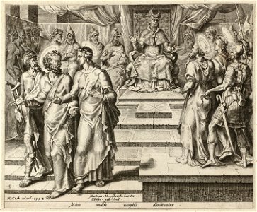 Petrus en Johannes worden vrijgelaten Handelingen 418-21. NL-HlmNHA 1477 53008059