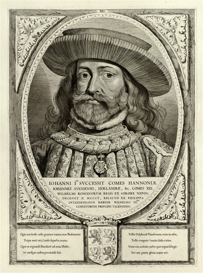 Portret van Jan II, graaf van Holland, met een keten om de hals en een hoed. De omlijsting is versierd met het wapen van Holland. NL-HlmNHA 1477 53012914