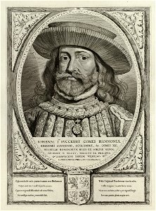 Portret van Jan II, graaf van Holland, met een keten om de hals en een hoed. De omlijsting is versierd met het wapen van Holland. NL-HlmNHA 1477 53012914