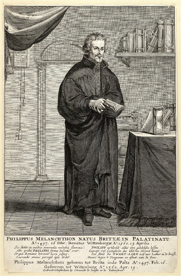Portret ten voeten uit van Philipp Melanchton, in het interieur van een studeerkamer. NL-HlmNHA 1477 53008668