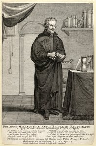 Portret ten voeten uit van Philipp Melanchton, in het interieur van een studeerkamer. NL-HlmNHA 1477 53008668