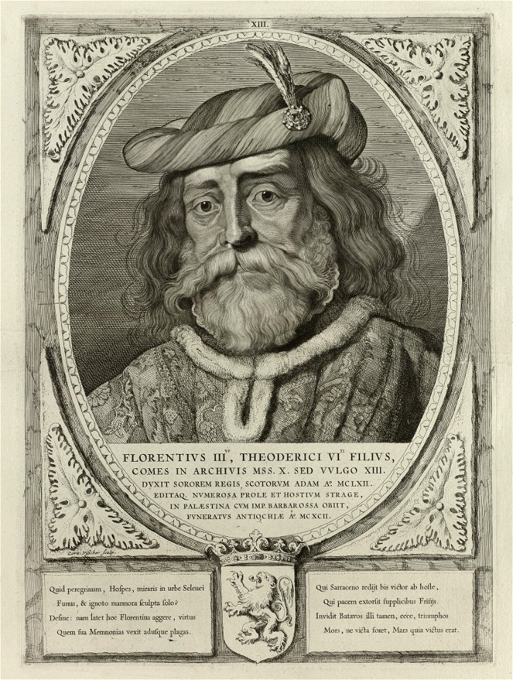 Portret van Floris III, graaf van Holland, met een met veren verfraaid hoofddeksel. De omlijsting is versierd met het wapen van Holland. NL-HlmNHA 1477 53012906