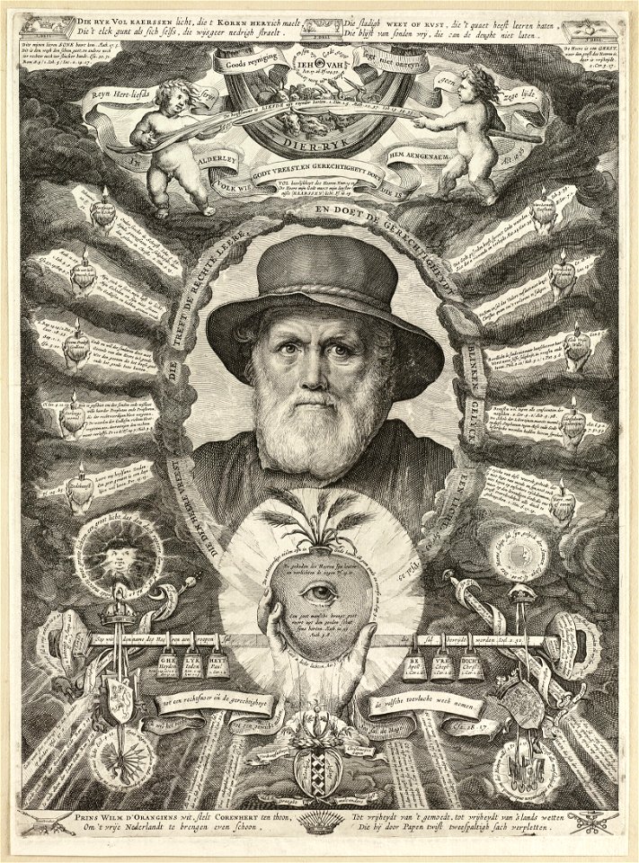Portret van Dirck Volckertsz Coornhert in allegorische omlijsting. NL-HlmNHA 1477 53008317