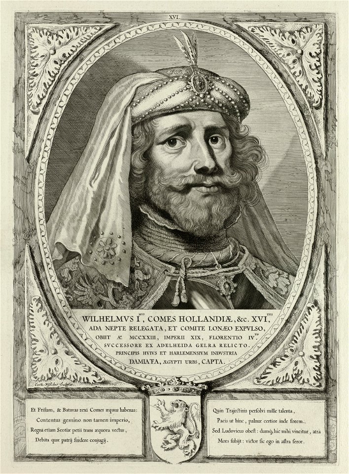 Portret van Willem I, graaf van Holland, met een met veren en parels verfraaide hoofddeksel. De omlijsting is versierd met het wapen van Holland. NL-HlmNHA 1477 53012909