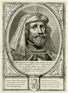 Portret van Willem I, graaf van Holland, met een met veren en parels verfraaide hoofddeksel. De omlijsting is versierd met het wapen van Holland. NL-HlmNHA 1477 53012909
