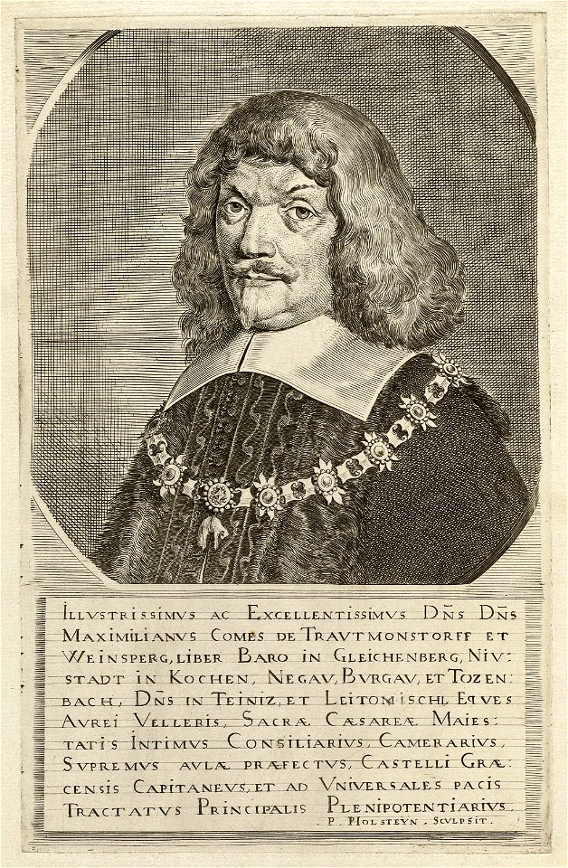 Portret van Maximiliaan, graaf van Trauttmansdorff. Onder het portret tien regels in het Latijn. NL-HlmNHA 1477 53008702