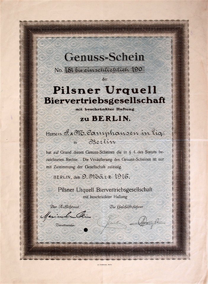 Pilsner Urquell Vertriebsgesellschaft mbH 1916