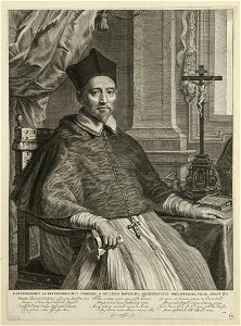 Portret van apostolisch vicaris Filips van Rouveen (Philippus Rovenius) zittend op een stoel met naast zich op tafel een bijbel en een crucifix. NL-HlmNHA 1477 53012934