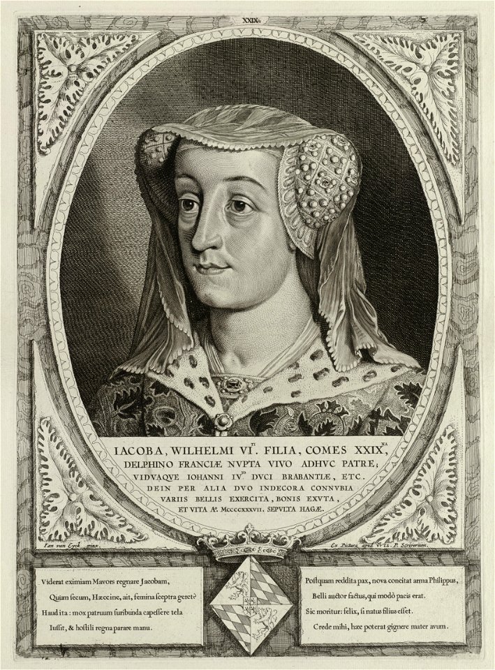 Portret van Jacoba van Beieren, gravin van Holland, Zeeland en Henegouwen. Ze draagt een sluier en een hoofdtooi, versierd met parels en edelstenen. De omlijsting is versierd met het alliant, NL-HlmNHA 1477 53012922