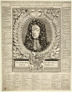 Propagandaprent over Willem III met portret en een chronologisch overzicht van zijn daden vanaf zijn geboorte tot en met het jaar 1696. NL-HlmNHA 53008724