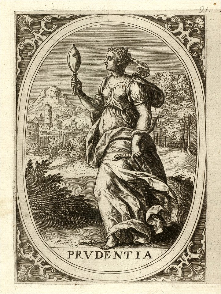 Prudentia, de voorzichtigheid - verstandigheid - wijsheid een vrouw staand in een ovaal, in een landschap. In haar rechterhand houd zij een spiegel vast om haar linkerarm een slang, die zi, NL-HlmNHA 1477 53008351